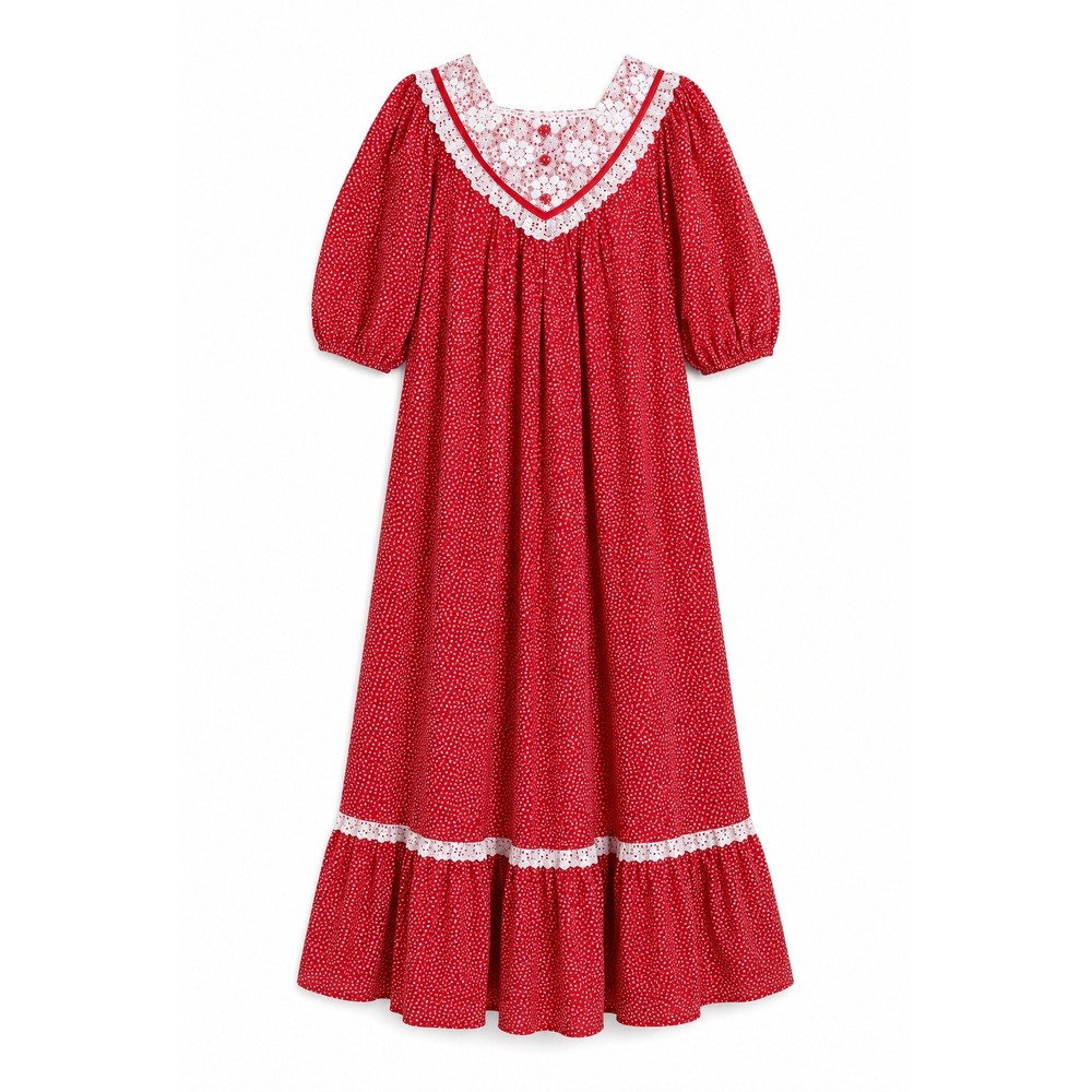 Vintageโ Red Ditsy Floral Lace Trim Maxi Nightgown Prairie Cottagecore Dress